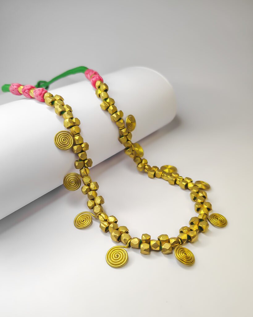 Authentic, dokra spiral necklace with multi colour thread
