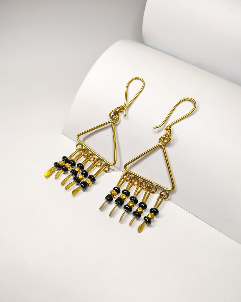Unique , Hand-made, Dokra earrings with black beads