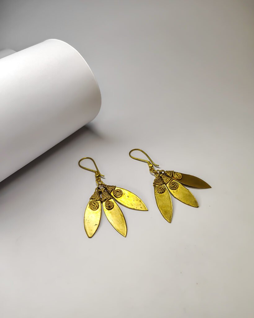 Authentic, Hand-made, Dokra Three Leaves Patri Earrings