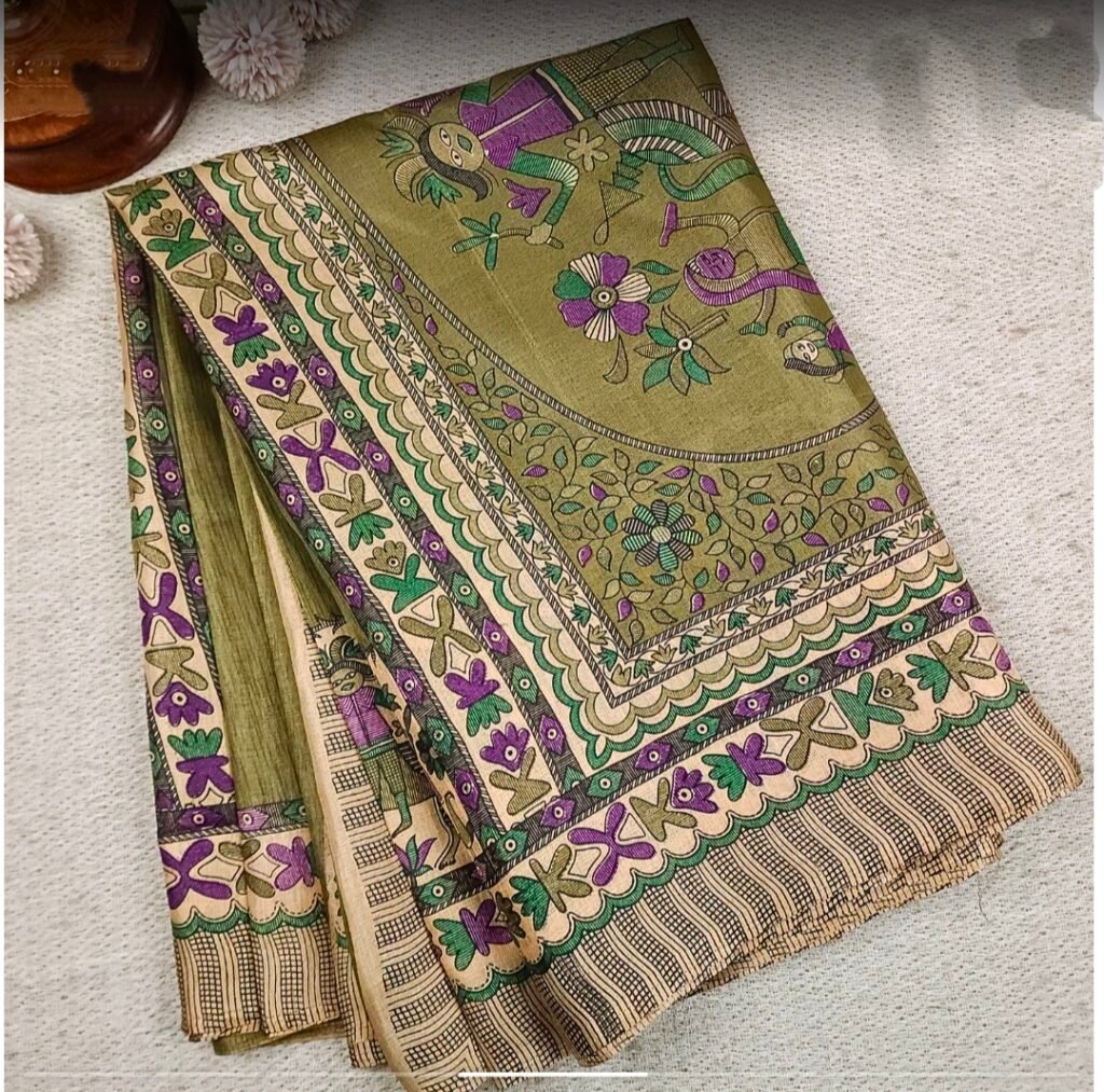Madhubani saree, organic silk, olive green