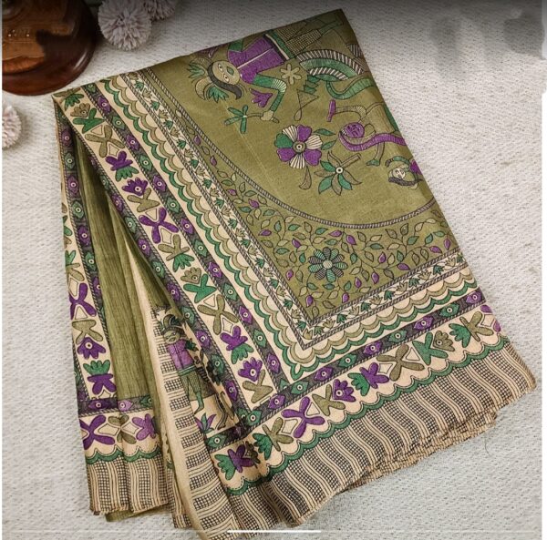 Madhubani saree, organic silk, olive green