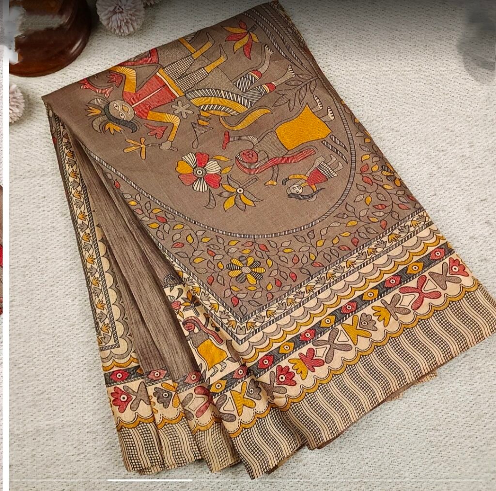 Madhubani saree,organic silk,chestnut brown