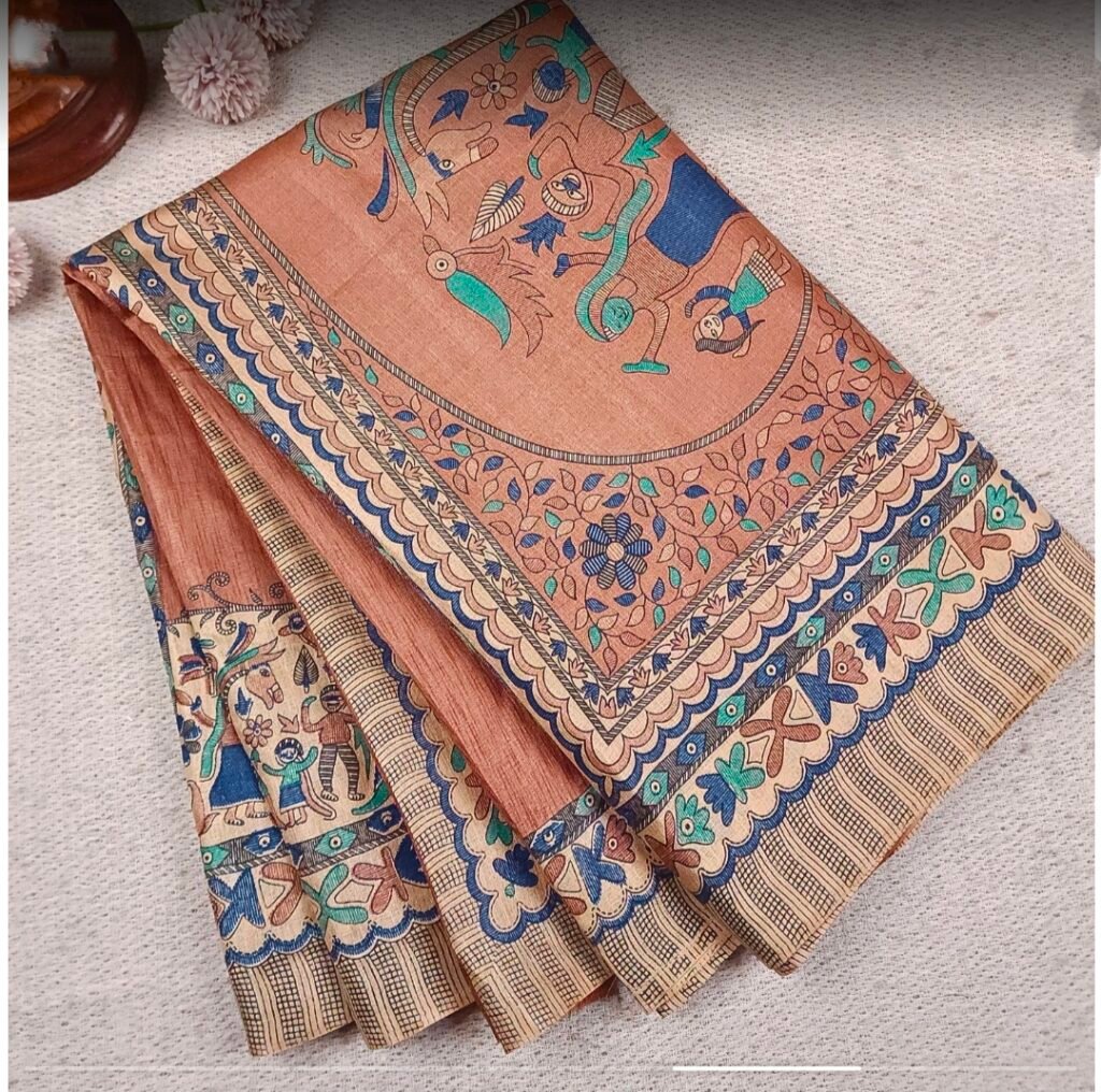 Madhubani saree,organic silk,rose brown