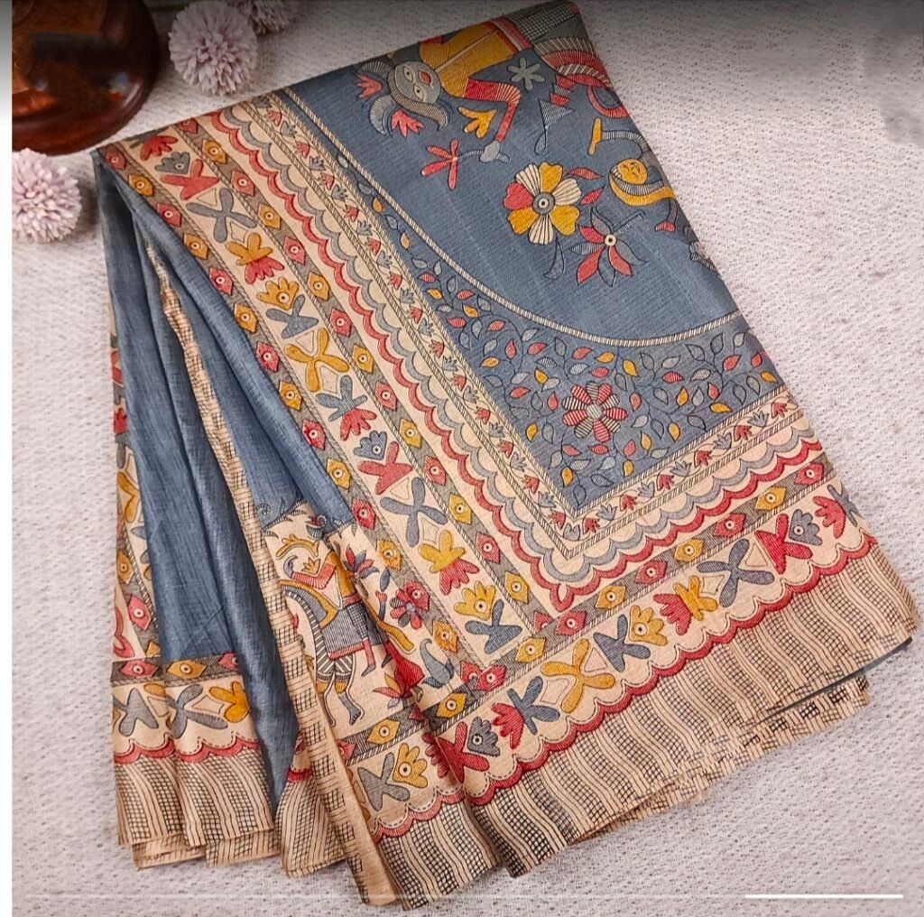 Madhubani saree, organic silk, slate grey