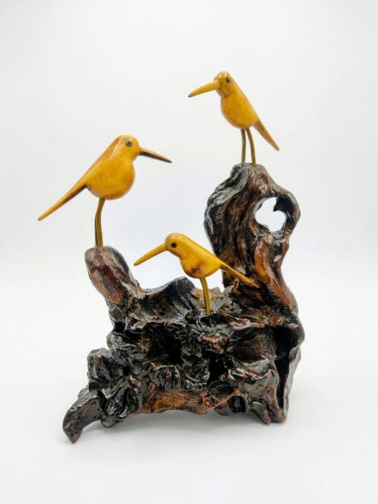 Aesthetic, hand carved, wooden bird with peculiar perch, height-9inch, width-8inch