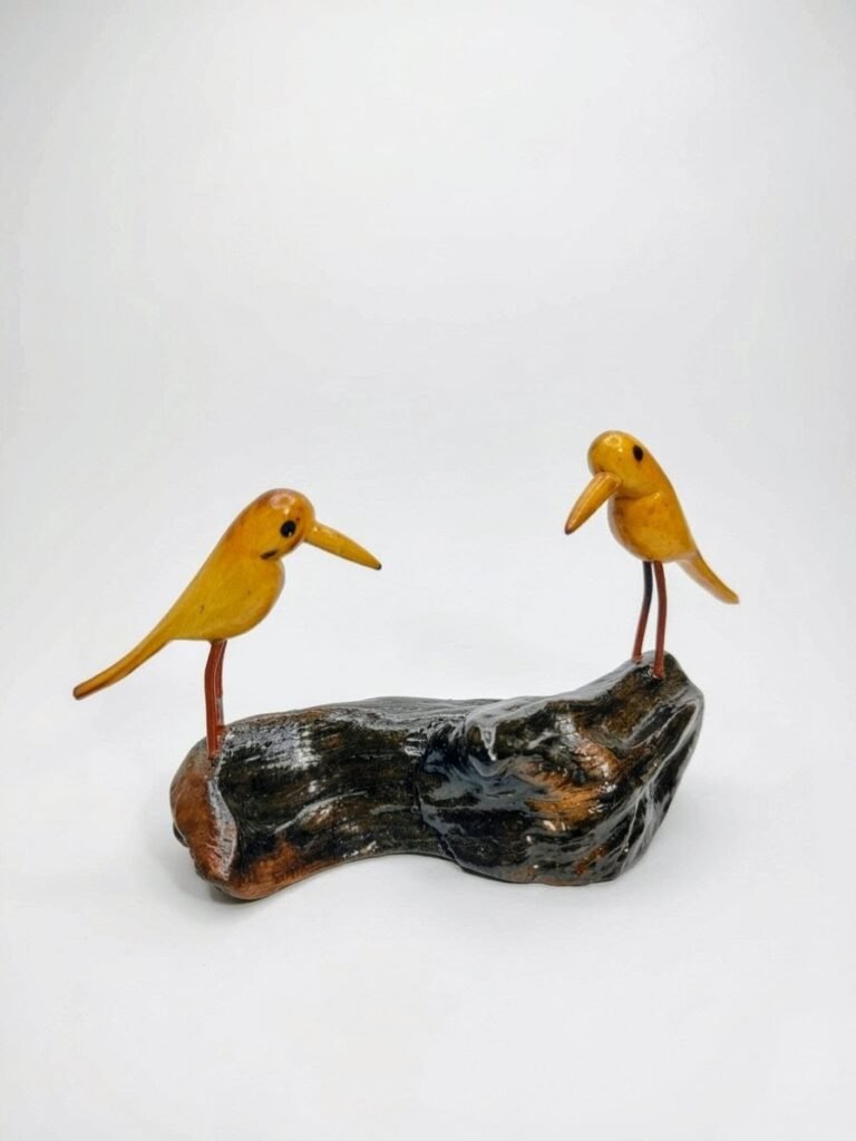 Aesthetic, hand carved, wooden bird with peculiar perch, height-5inch,width-7inch