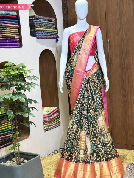 Kalamkari silk saree with pink gold border, black colour