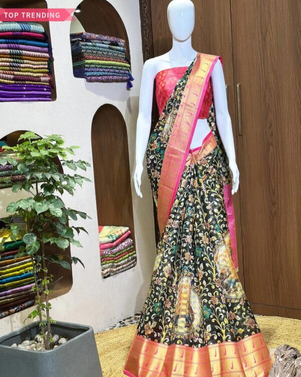 Kalamkari silk saree with pink gold border, black colour
