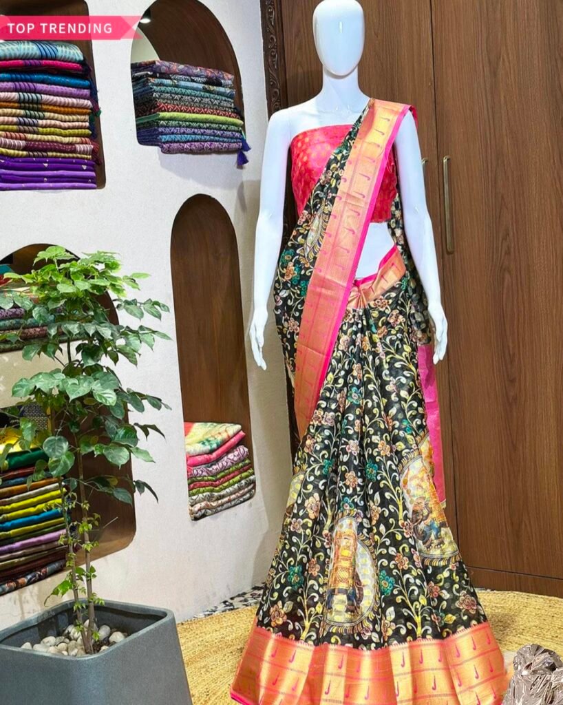 Kalamkari silk saree with pink gold border, black colour