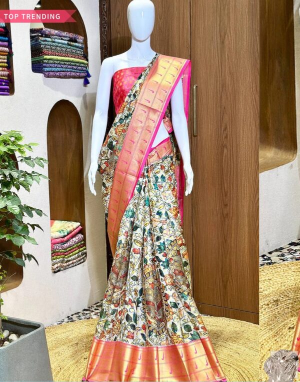 Kalamkari silk saree with pink golden border, multi colour