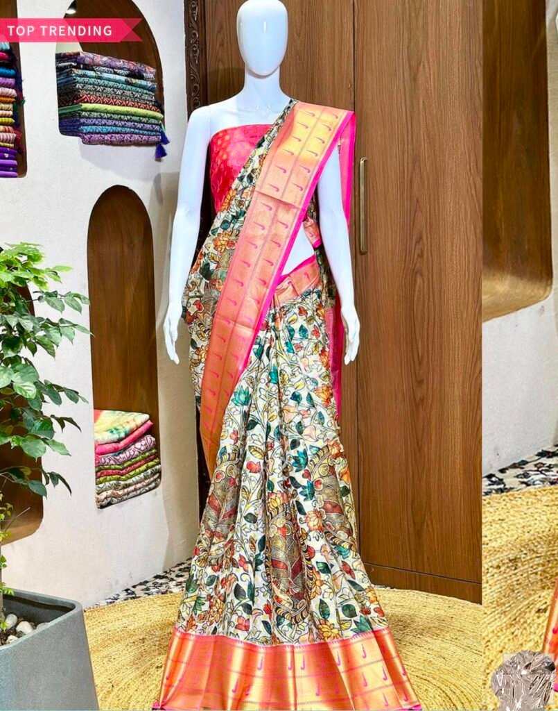 Kalamkari silk saree with pink golden border, multi colour