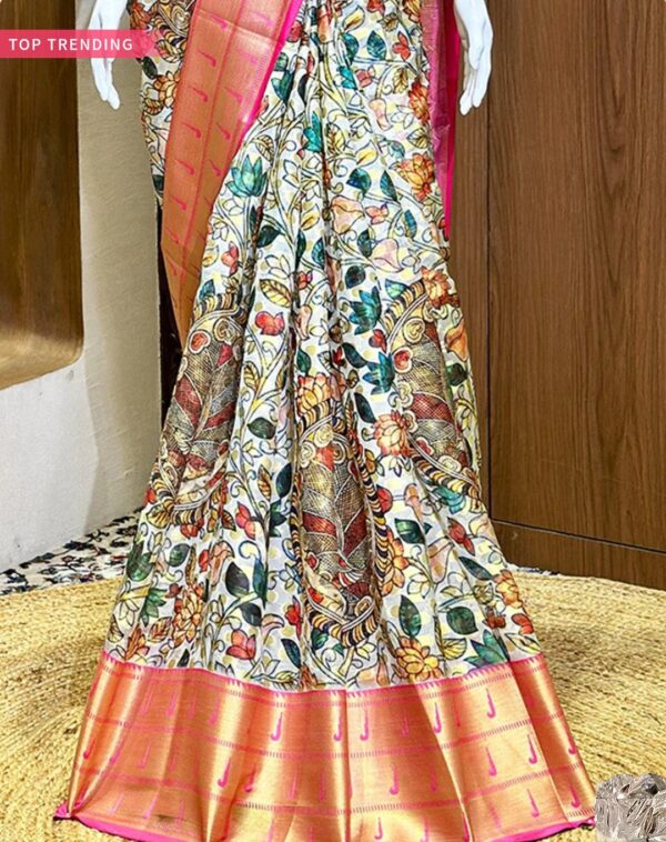 Kalamkari silk saree with pink golden border, multi colour - Image 2