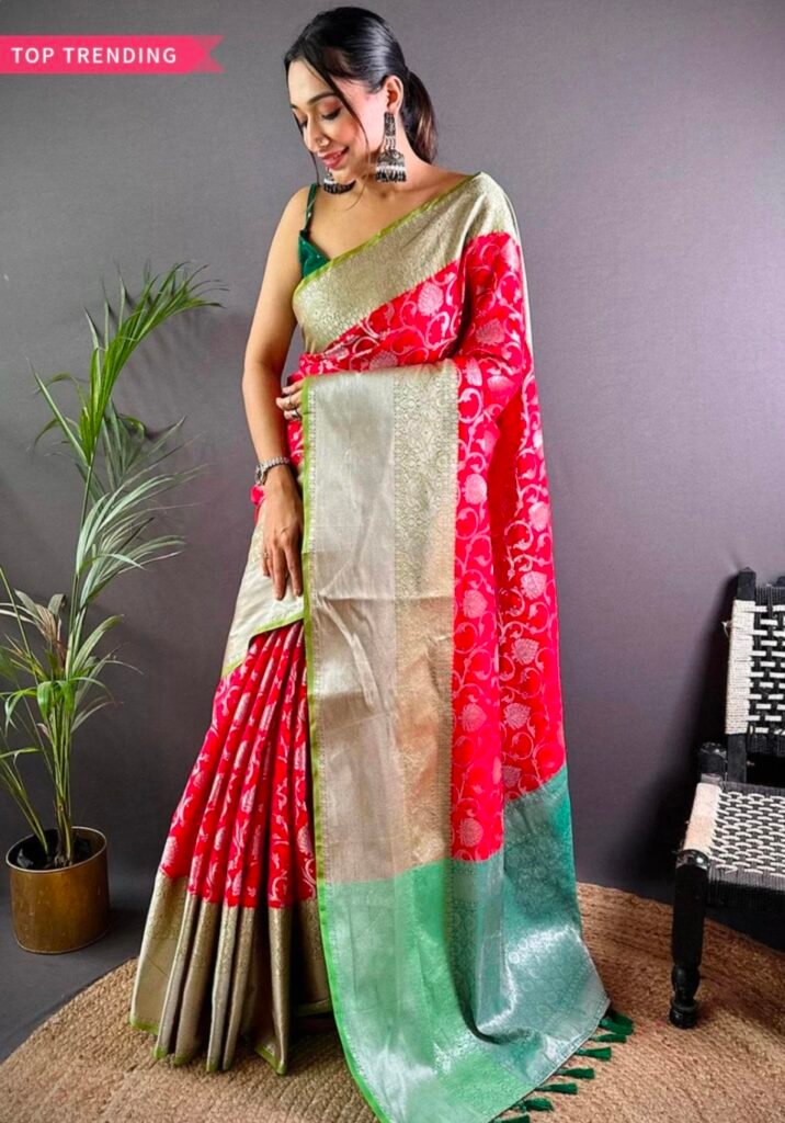 Exclusive, Banarasi Zari work, silk saree cherry red-light green spacious border