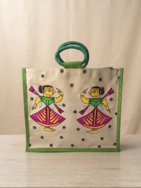 Trendy, Stylish, Dancing Lady, jute bags, 16x14 inch, green-colour