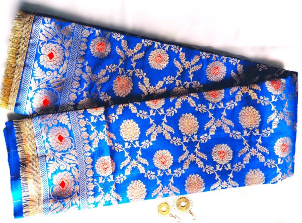 Banarasi zari, semi katan silk, blue colour with the blend of red meenakari