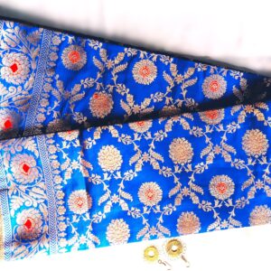 Banarasi zari, semi katan silk, blue colour with the blend of red meenakari
