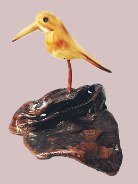Aesthetic, hand carved, wooden bird with peculiar perch, height-5inch,width-4inch