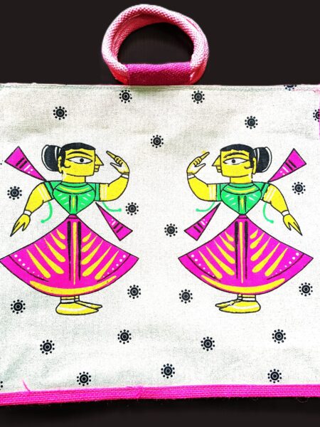Trendy, Stylish, Dancing Lady motif, jute bags, 16x14 inch, magenta-colour