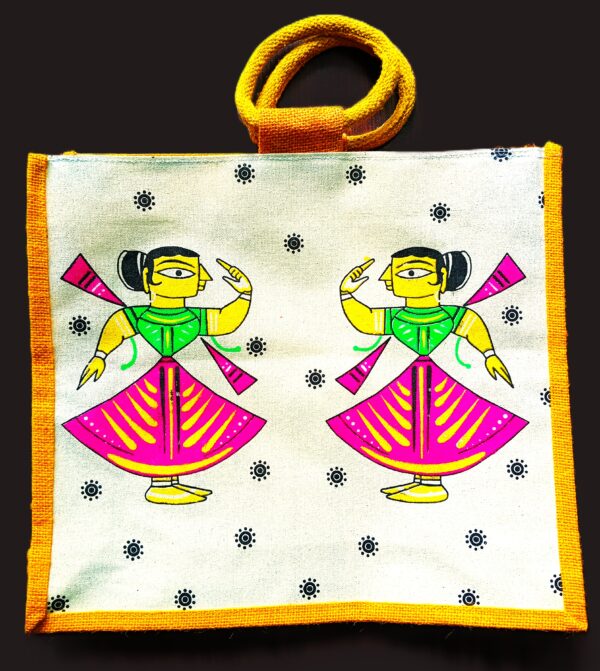 Trendy, Stylish, Dancing Lady motif,  jute bags, 16x14 inch, yellow-colour