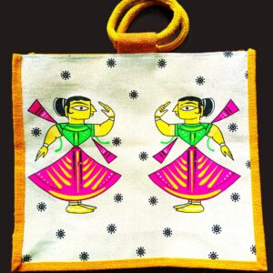 Trendy, Stylish, Dancing Lady motif,  jute bags, 16x14 inch, yellow-colour