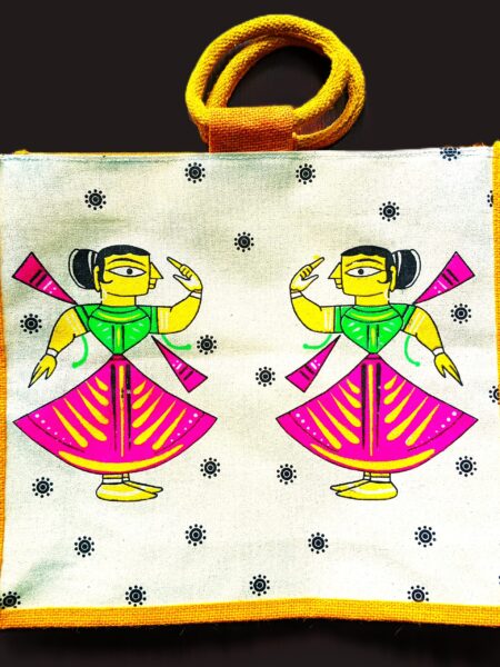 Trendy, Stylish, Dancing Lady motif,  jute bags, 16x14 inch, yellow-colour