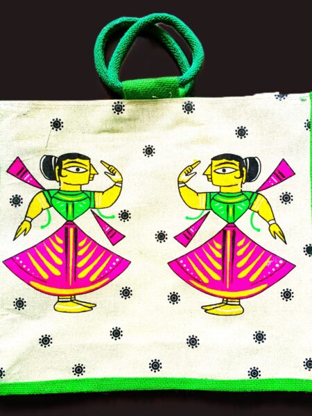Trendy, Stylish, Dancing Lady,  jute bags, 16x14 inch, green-colour