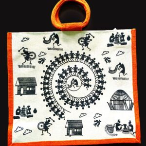 Trendy, Stylish, Tribal Art pattern, jute bags, 16x14 inch, orange-colour