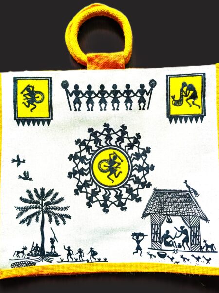 Trendy, Stylish, Tribal Art pattern, jute bags, 16x14 inch, yellow-colour