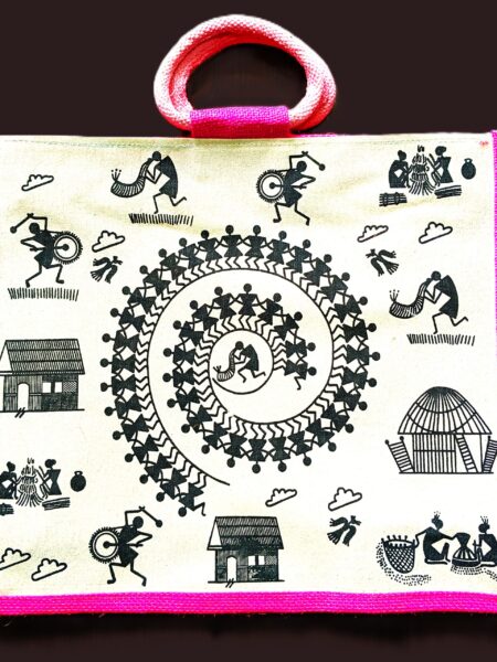 Trendy, Stylish, Tribal Art pattern,  jute bags, 16x14 inch, magenta-colour