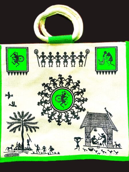 Trendy, Stylish, Tribal Art pattern,  jute bags, 16x14 inch, green-colour