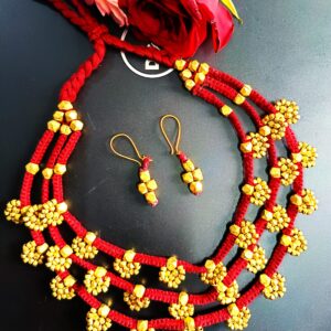 Elegant, three layered, brass sunflower petal motifs, partywear, with earrings, maroon colour