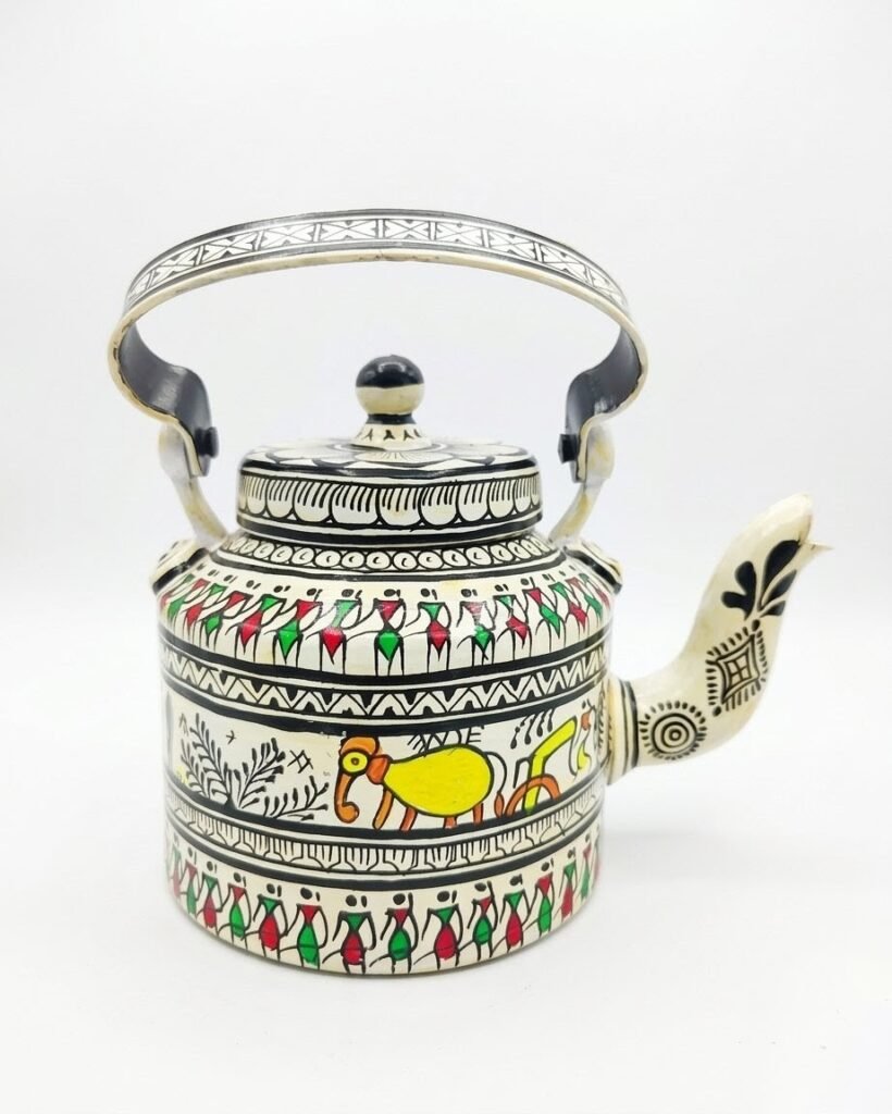 Authentic, Saura art, on metallic kettle, multi-colour,L-8,W-6,h-7inch
