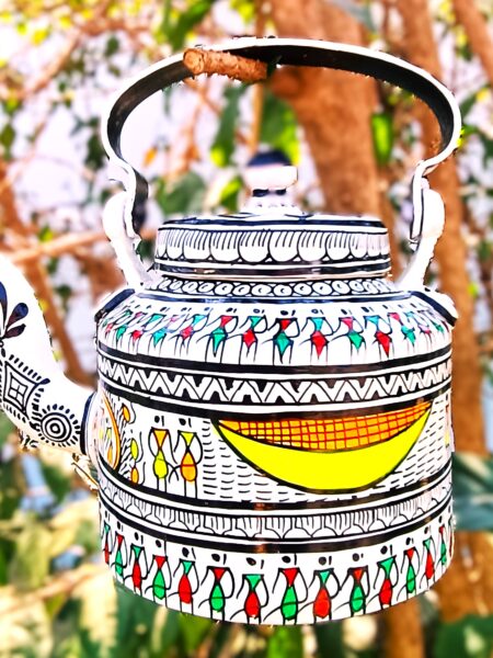 Authentic, Saura art, on metallic kettle, multi-colour,L-8,W-6,h-7inch