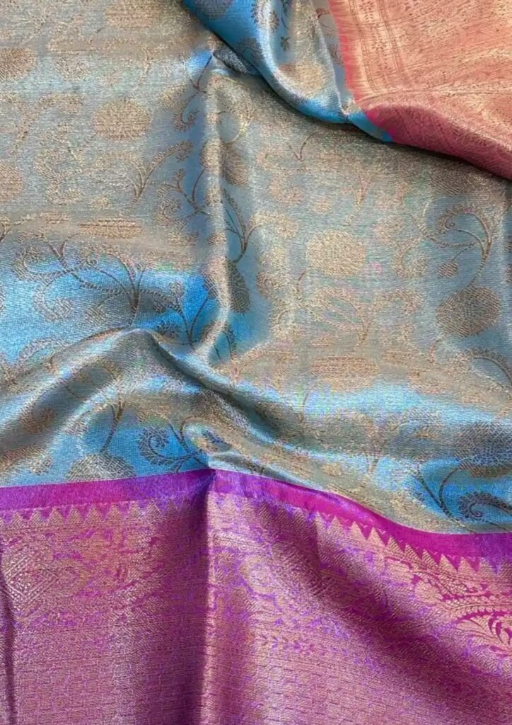 Exceptional, embossed soft tissue silk, banarasi saree with unique colour combination