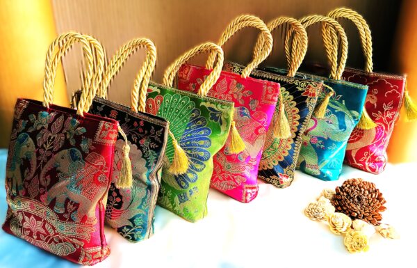 (Set of 3) 8x8 inch, Traditional, Luxurious, Banarasi Hand-Bags - Image 8
