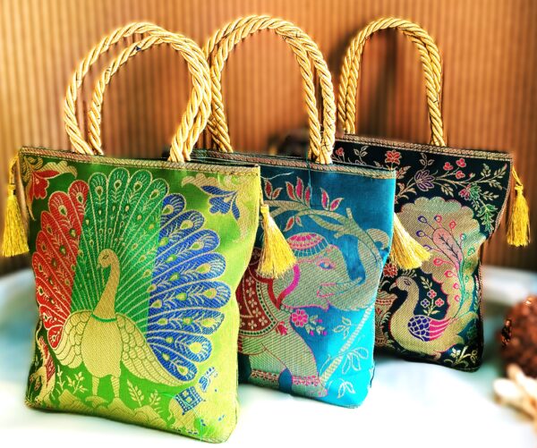 (Set of 3) 8x8 inch, Traditional, Luxurious, Banarasi Hand-Bags