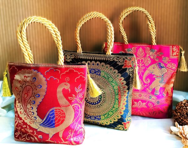 (Set of 3) Traditional, Luxurious, Banarasi Hand-Bags, 8x8inch - Image 4