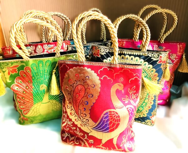 (Set of 3) 8x8 inch, Traditional, Luxurious, Banarasi Hand-Bags - Image 6