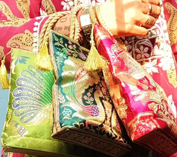 (Set of 3) 8x8 inch, Traditional, Luxurious, Banarasi Hand-Bags - Image 7
