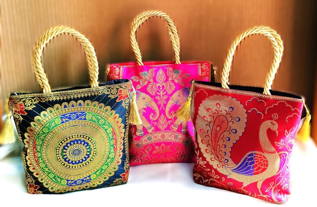 (Set of 3) Traditional, Luxurious, Banarasi Hand-Bags, 8x8inch