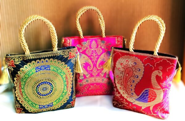 (Set of 3) Traditional, Luxurious, Banarasi Hand-Bags, 8x8inch