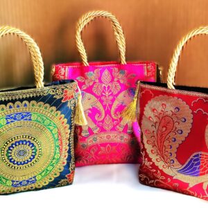 (Set of 3) Traditional, Luxurious, Banarasi Hand-Bags, 8x8inch