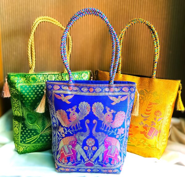 ( Set of 3) Elegant, Traditional, Banarasi Hand-Bags, 10x10inch