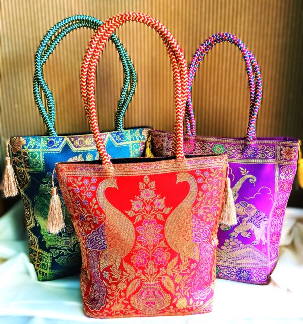 (Set of 3) Elegant, Traditional, Banarasi Hand-Bags, 10x10 inch - Image 6