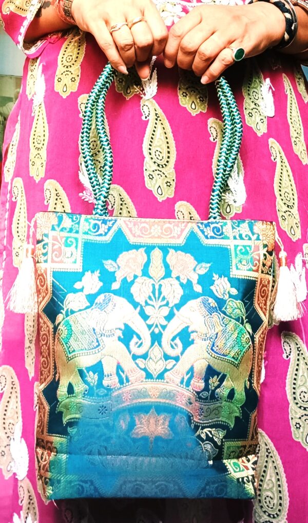 (Set of 3) Elegant, Traditional, Banarasi Hand-Bags, 10x10 inch - Image 8