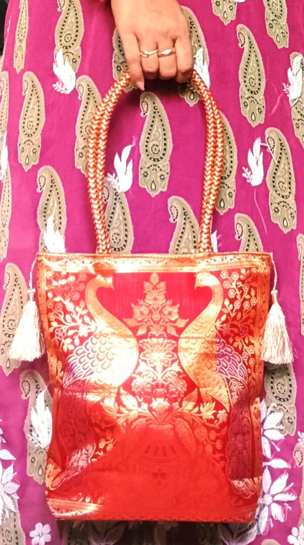 (Set of 3) Elegant, Traditional, Banarasi Hand-Bags, 10x10 inch - Image 7