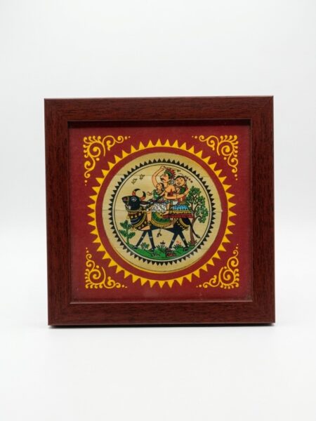 Collectible, hand-crafted, tribal family on bull, palm leaf, L-15cm, W-15cm