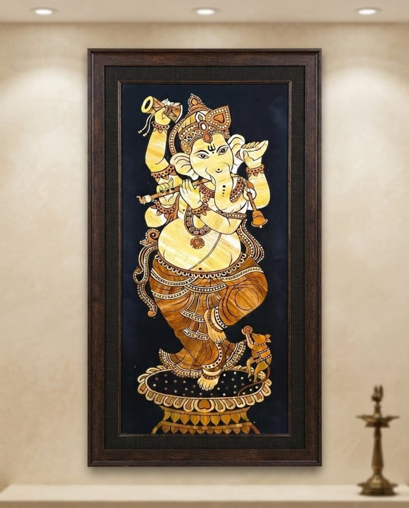 Exquisite, Vintage, Paddy straw art, Lord Ganesha, Unmounted, (32x12 inch)