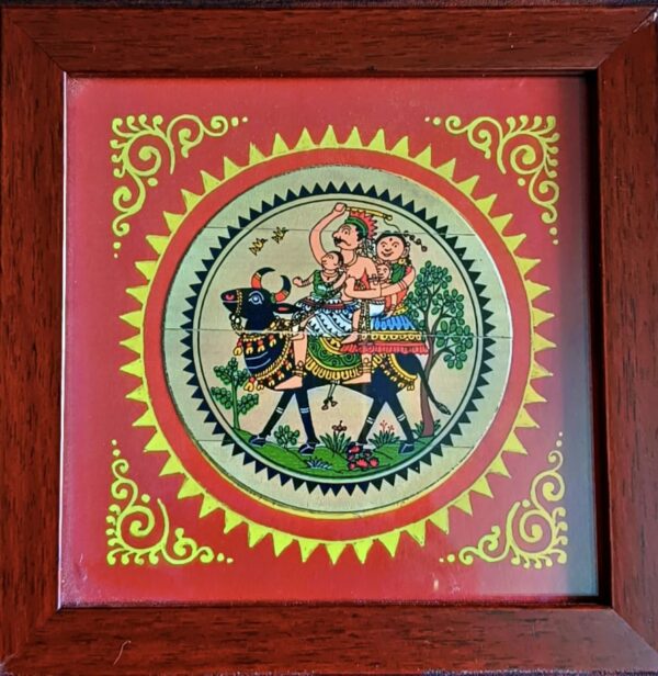 Collectible, hand-crafted, tribal family on bull, palm leaf, L-15cm, W-15cm