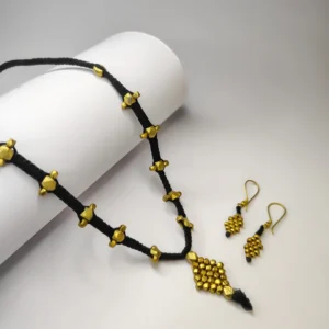 Elegant Single-Line Burfi Pendant with Beads in Black Thread & Matching Earrings